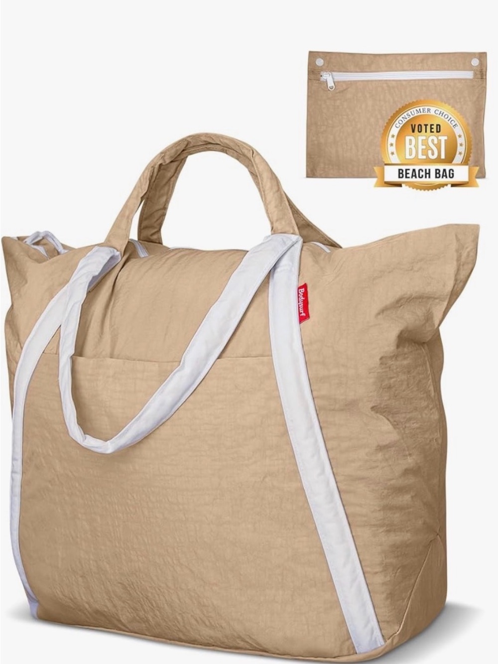 Lightweight Beige Tote with White Trim - Foldable Beach Bag